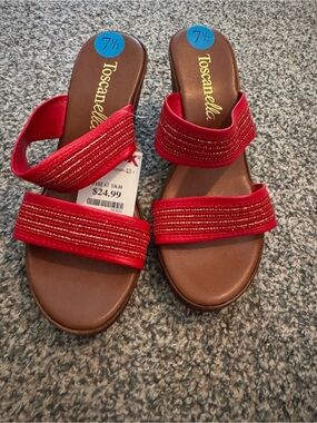 Toscanella Red Glitter Slip-On Wedge Slide Sandals Straps Women's US 7.5